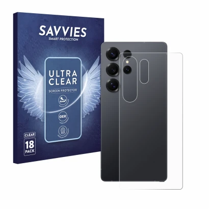 Front side of a product packaging with the brand logo Savvies. Next to it is the device Samsung Galaxy S25 Ultra Enterprise Ed