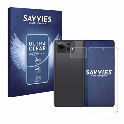 Front side of a product packaging with the brand logo Savvies. Next to it is the device ASUS ZenFone 12 Ultra (Front+Camera) s