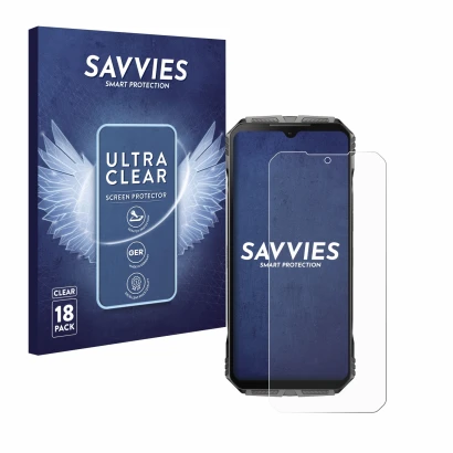 Front side of a product packaging with the brand logo Savvies. Next to it is the device Doogee S Cyber Pro shown with the corr