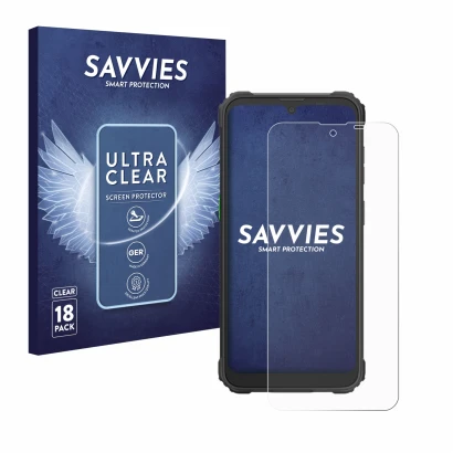 Front side of a product packaging with the brand logo Savvies. Next to it is the device Blackview BV5300 Plus shown with the c