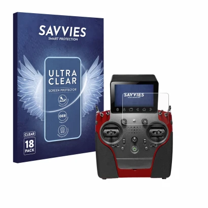 Front side of a product packaging with the brand logo Savvies. Next to it is the device PowerBox Systems Atom shown with the c