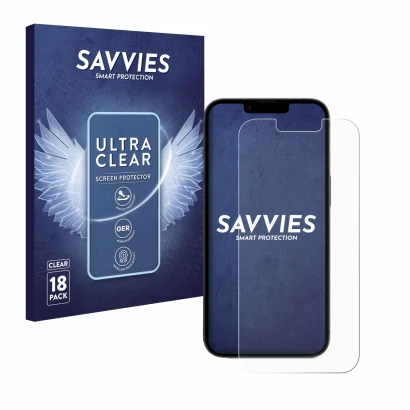Front side of a product packaging with the brand logo Savvies. Next to it is the device Apple iPhone 16e shown with the corres