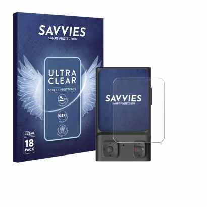 Front side of a product packaging with the brand logo Savvies. Next to it is the device Hoverair Beacon shown with the corresp