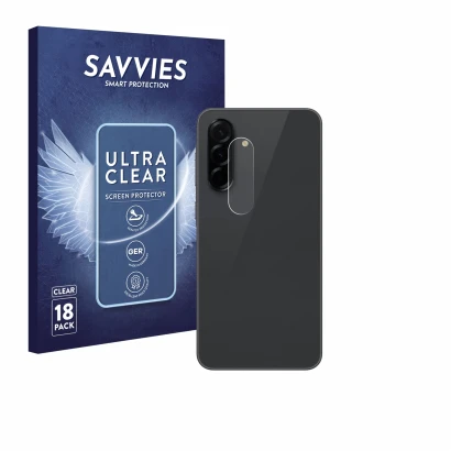 Front side of a product packaging with the brand logo Savvies. Next to it is the device Samsung Galaxy A36 5G (ONLY Camera Len
