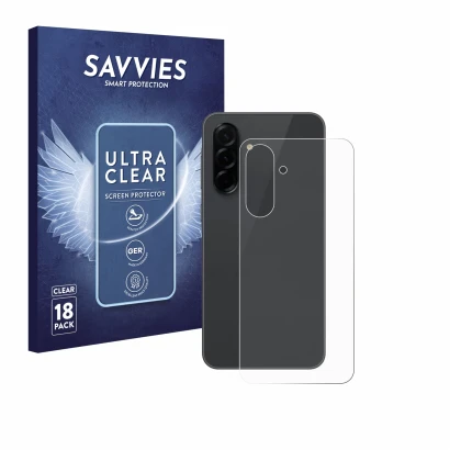 Front side of a product packaging with the brand logo Savvies. Next to it is the device Samsung Galaxy A36 5G (Back) shown wit