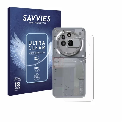 Front side of a product packaging with the brand logo Savvies. Next to it is the device Nothing Phone (3a) Pro (Back) shown wi