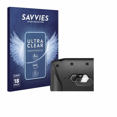 Front side of a product packaging with the brand logo Savvies. Next to it is the device Crosscall Core-M5 (ONLY Camera Lens) s