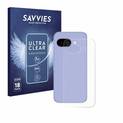 Front side of a product packaging with the brand logo Savvies. Next to it is the device Google Pixel 9a (Back) shown with the 