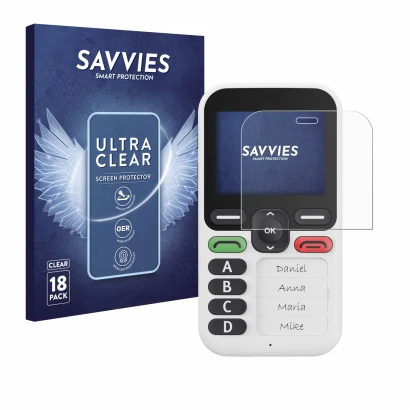 Front side of a product packaging with the brand logo Savvies. Next to it is the device Doro Leva X10 shown with the correspon