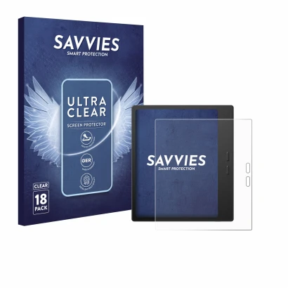 Front side of a product packaging with the brand logo Savvies. Next to it is the device Boox Go 7 shown with the corresponding