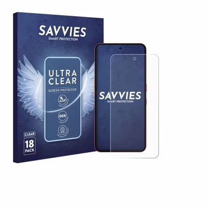 Front side of a product packaging with the brand logo Savvies. Next to it is the device Nothing CMF Phone 2 Pro shown with the