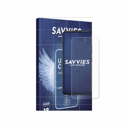 Front side of a product packaging with the brand logo Savvies. Next to it is the device TCL 60 5G shown with the corresponding
