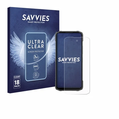 Front side of a product packaging with the brand logo Savvies. Next to it is the device Doogee Blade 20 Turbo shown with the c