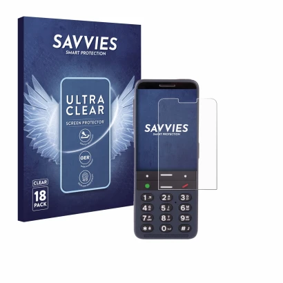 Front side of a product packaging with the brand logo Savvies. Next to it is the device BlindShell Classic 3 shown with the co