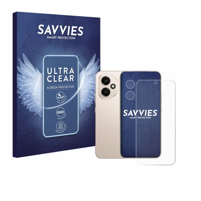 Front side of a product packaging with the brand logo Savvies. Next to it is the device Honor 400 (Front+Camera) shown with th