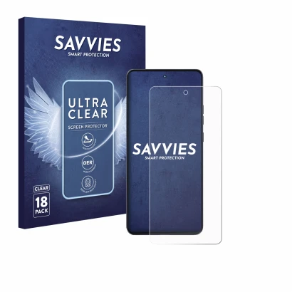 Front side of a product packaging with the brand logo Savvies. Next to it is the device Motorola Moto G86 shown with the corre