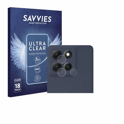 Front side of a product packaging with the brand logo Savvies. Next to it is the device Motorola Moto G86 (ONLY Camera Lens) s