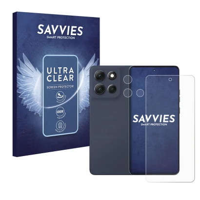 Front side of a product packaging with the brand logo Savvies. Next to it is the device Motorola Moto G86 Power (Front+Camera)