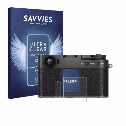 Front side of a product packaging with the brand logo Savvies. Next to it is the device Fujifilm X Half X-HF1 shown with the c