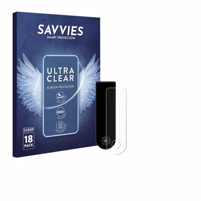 Front side of a product packaging with the brand logo Savvies. Next to it is the device Xiaomi Electric Scooter 5 Max shown wi