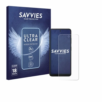 Front side of a product packaging with the brand logo Savvies. Next to it is the device Xplora HMD Fusion X1 shown with the co