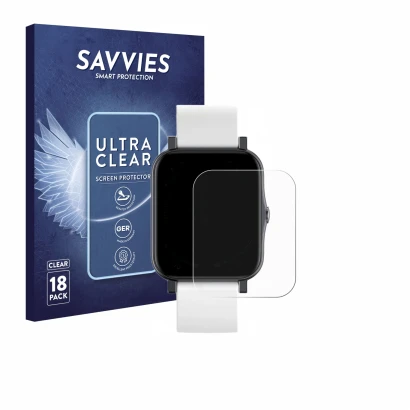Front side of a product packaging with the brand logo Savvies. Next to it is the device QNix Smartwatch shown with the corresp