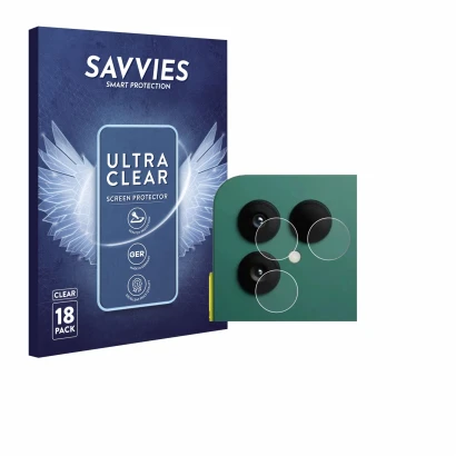 Front side of a product packaging with the brand logo Savvies. Next to it is the device Fairphone 6 (ONLY Camera) shown with t