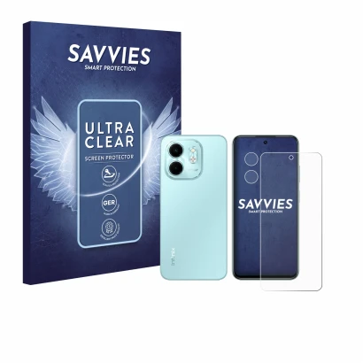 Front side of a product packaging with the brand logo Savvies. Next to it is the device Infinix Smart 9 (Front+Camera) shown w