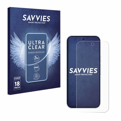 Front side of a product packaging with the brand logo Savvies. Next to it is the device Google Pixel 10 Pro shown with the cor