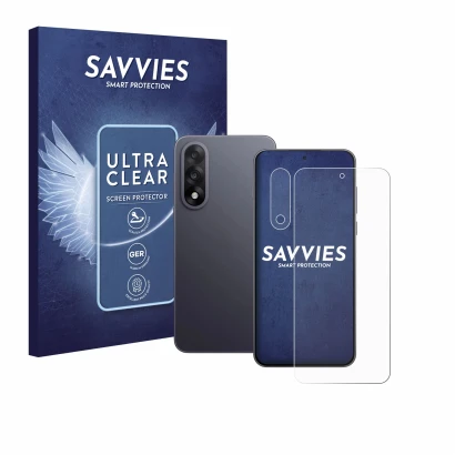 Front side of a product packaging with the brand logo Savvies. Next to it is the device OnePlus Nord 5 (Front+Camera) shown wi
