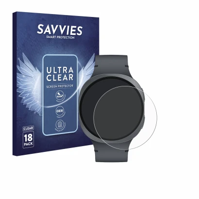 Front side of a product packaging with the brand logo Savvies. Next to it is the device Samsung Galaxy Watch 8 (44 mm) shown w