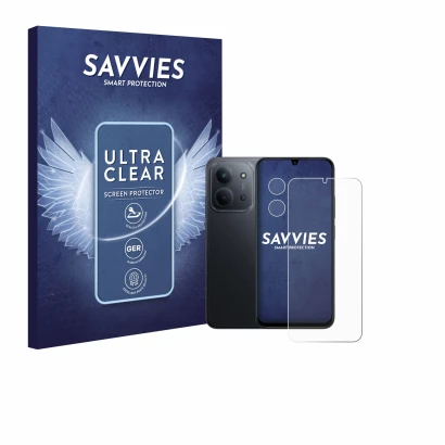 Front side of a product packaging with the brand logo Savvies. Next to it is the device Xiaomi Redmi 15C 4G (Front+Camera) sho