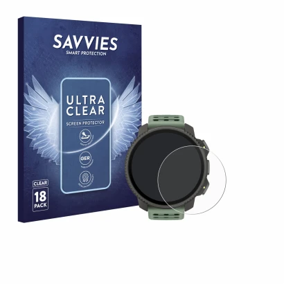 Front side of a product packaging with the brand logo Savvies. Next to it is the device Suunto Vertical 2 shown with the corre