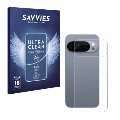 Front side of a product packaging with the brand logo Savvies. Next to it is the device Google Pixel 10 Pro (Back) shown with 