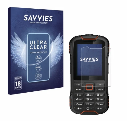 Front side of a product packaging with the brand logo Savvies. Next to it is the device Gigaset GLX8 shown with the correspond
