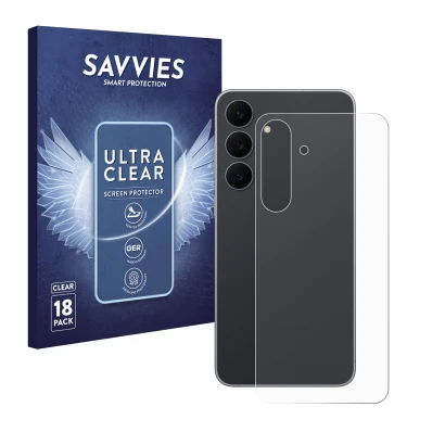 Front side of a product packaging with the brand logo Savvies. Next to it is the device Samsung Galaxy S25 FE (Back) shown wit