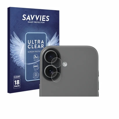 Front side of a product packaging with the brand logo Savvies. Next to it is the device Apple iPhone 17 (ONLY Camera Lens) sho