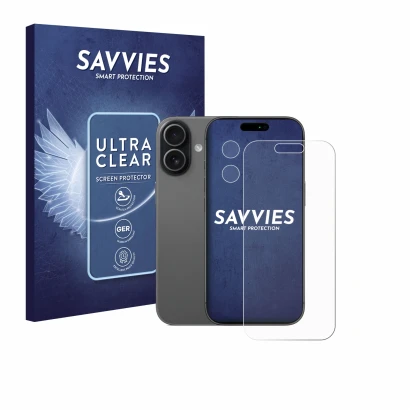 Front side of a product packaging with the brand logo Savvies. Next to it is the device Apple iPhone 17 (Front+Camera) shown w