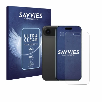 Front side of a product packaging with the brand logo Savvies. Next to it is the device Apple iPhone Air (Front+Camera) shown 