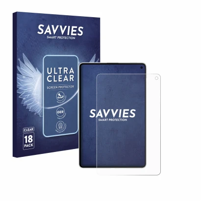 Front side of a product packaging with the brand logo Savvies. Next to it is the device Huawei MatePad Mini shown with the cor