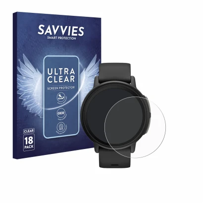 Front side of a product packaging with the brand logo Savvies. Next to it is the device Garmin Bounce 2 shown with the corresp