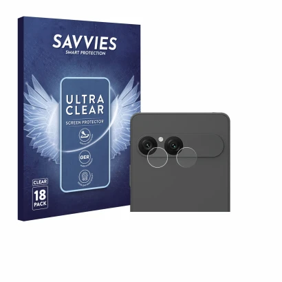 Front side of a product packaging with the brand logo Savvies. Next to it is the device Sony Xperia 10 VII (ONLY Camera Lens) 