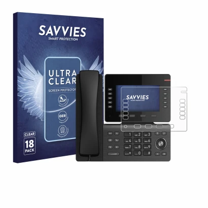 Front side of a product packaging with the brand logo Savvies. Next to it is the device Snom D865 shown with the corresponding