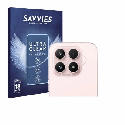 Front side of a product packaging with the brand logo Savvies. Next to it is the device Xiaomi 17 (ONLY Camera Lens) shown wit