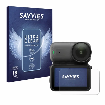 Front side of a product packaging with the brand logo Savvies. Next to it is the device DJI Osmo Nano shown with the correspon