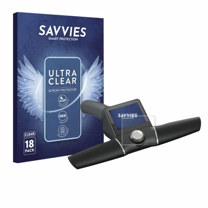 Front side of a product packaging with the brand logo Savvies. Next to it is the device Motocaddy M7 GPS Remote shown with the