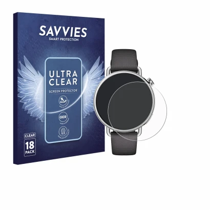 Front side of a product packaging with the brand logo Savvies. Next to it is the device Xiaomi Watch S4 (41 mm) shown with the