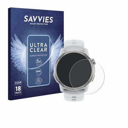 Front side of a product packaging with the brand logo Savvies. Next to it is the device Coros Apex 4 (46 mm) shown with the co