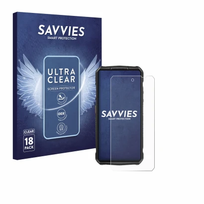 Front side of a product packaging with the brand logo Savvies. Next to it is the device Ulefone 29 pro shown with the correspo