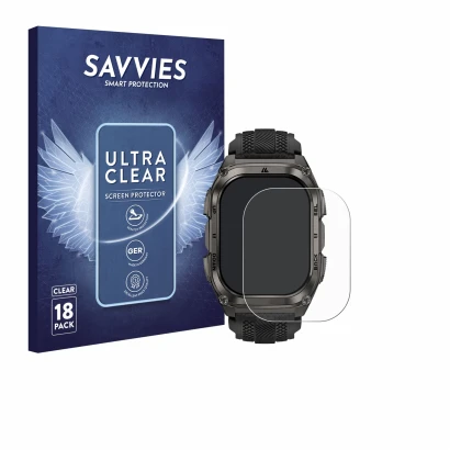 Front side of a product packaging with the brand logo Savvies. Next to it is the device Kospet Tank M4 shown with the correspo